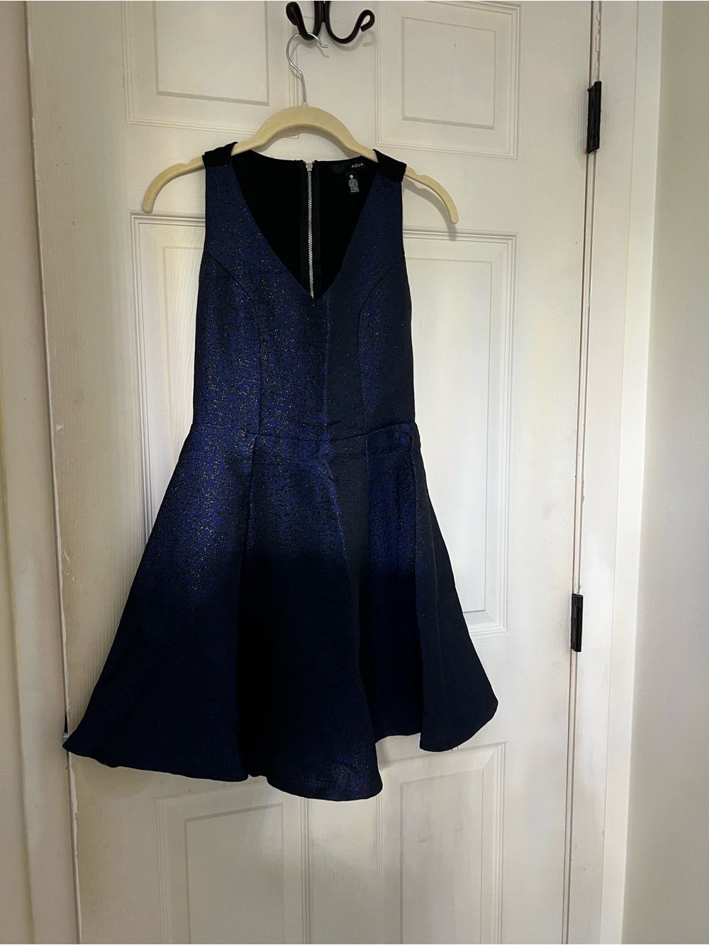 Aqua Navy Glitter V-Neck Fit-and-Flare Cocktail Dress